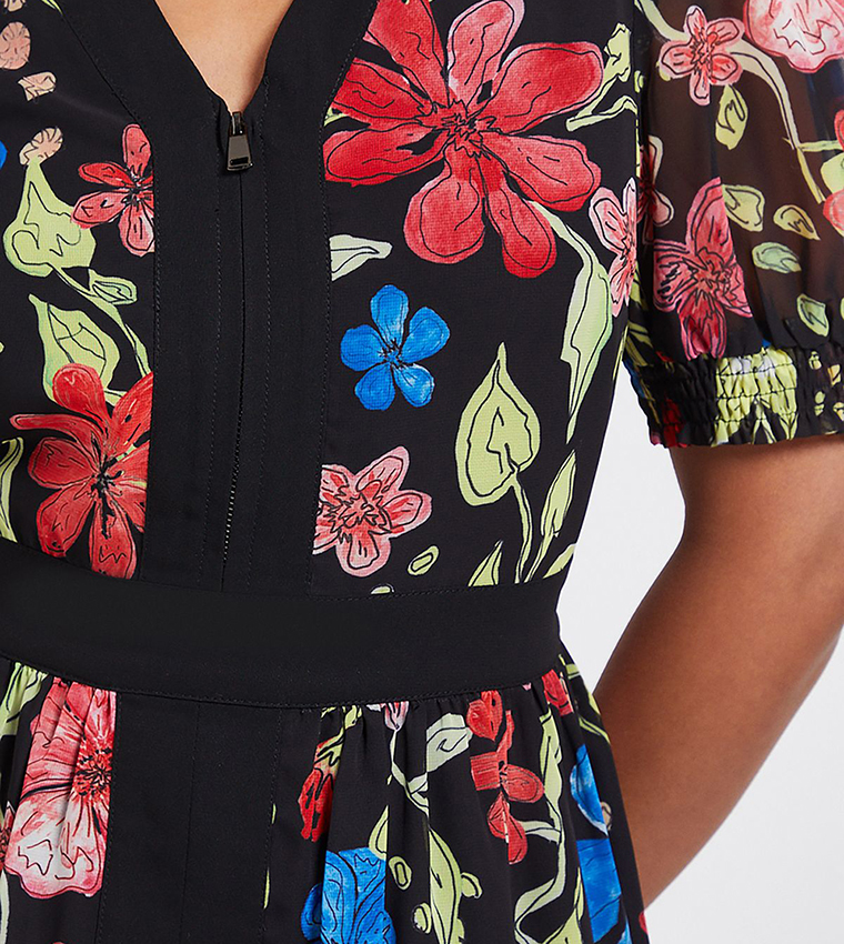 Petite Floral Print Zip Puff Sleeves Midi Dress