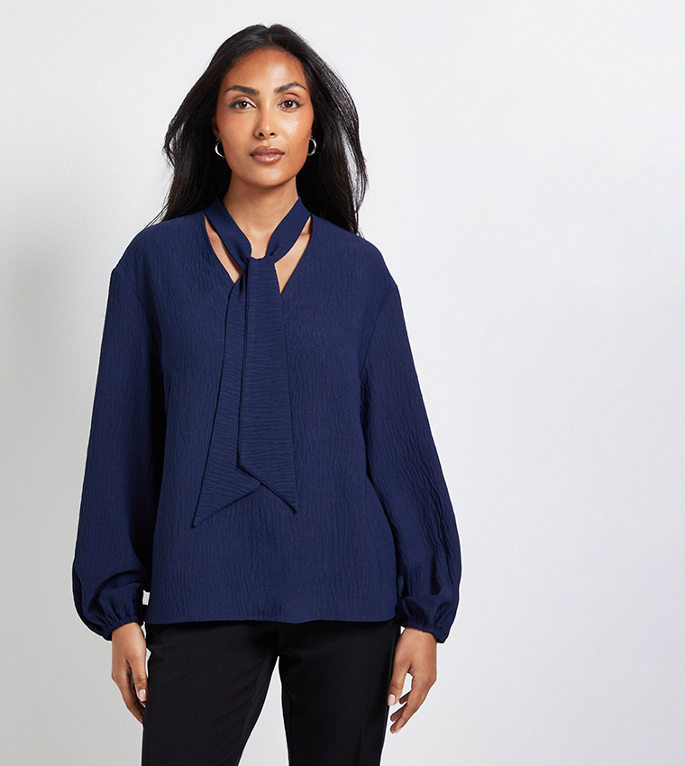 Petite Tie Neck Woven Long Sleeves Top