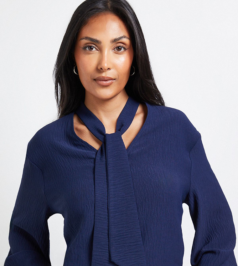 Petite Tie Neck Woven Long Sleeves Top
