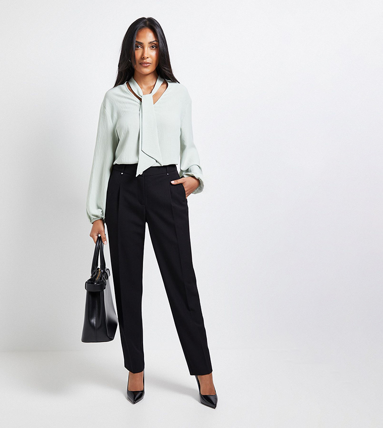 Petite Tie Neck Woven Long Sleeves Top