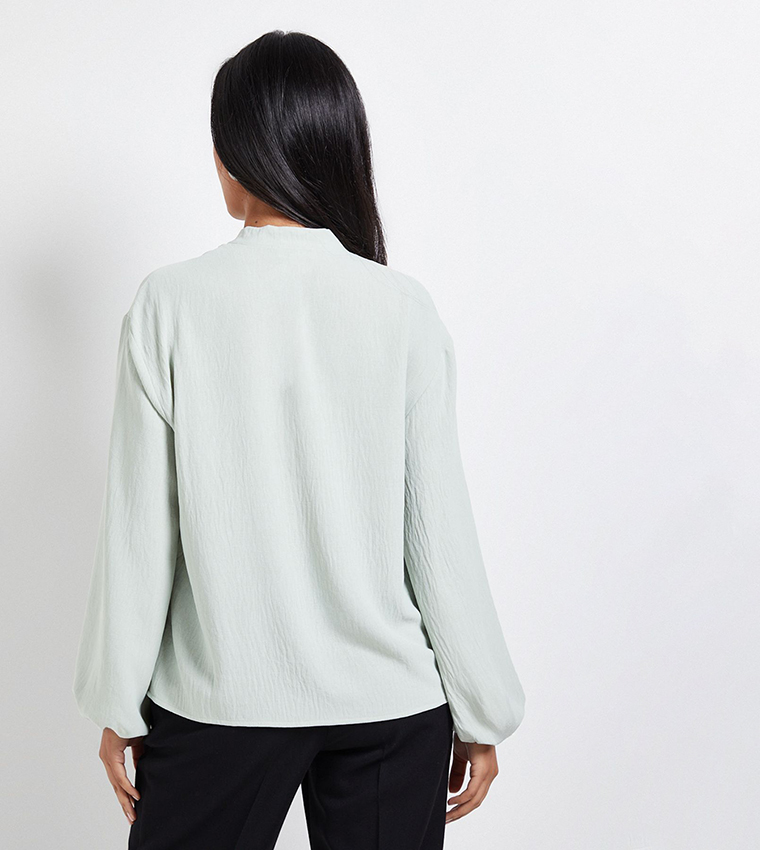 Petite Tie Neck Woven Long Sleeves Top