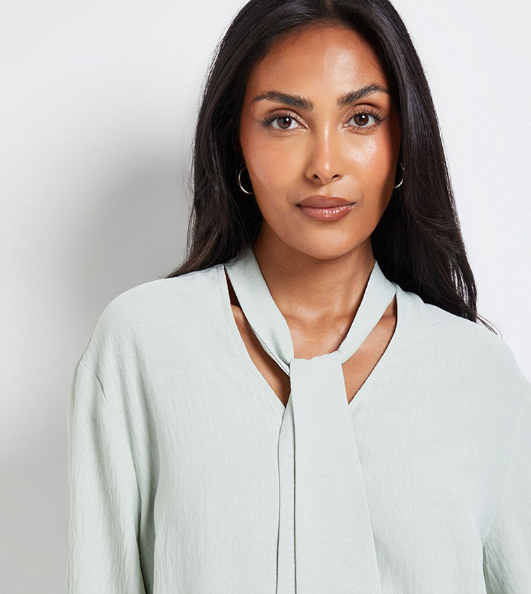 Petite Tie Neck Woven Long Sleeves Top