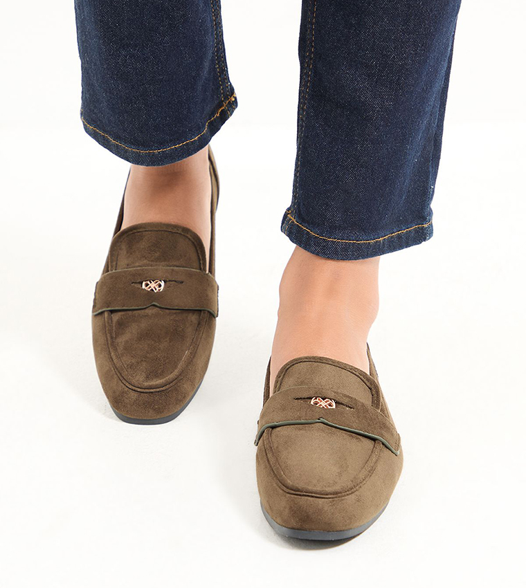Mary Faux Suede Penny Detail Flat Loafers