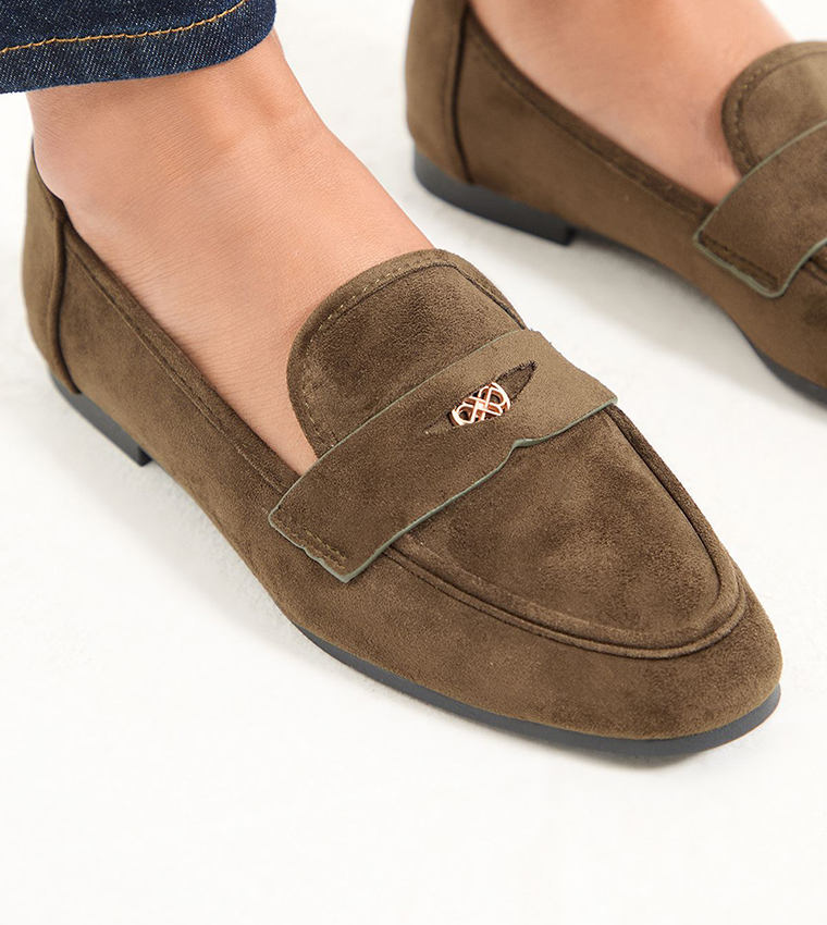 Mary Faux Suede Penny Detail Flat Loafers