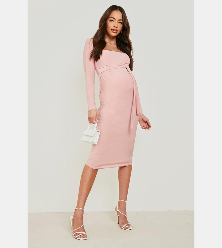 Buy Boohoo Maternity Square Neck Long Sleeves Midi Dress In Pink