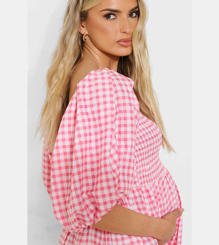 Buy Boohoo Maternity Gingham Puff Sleeves Midi Dress In Pink 6thStreet Bahrain