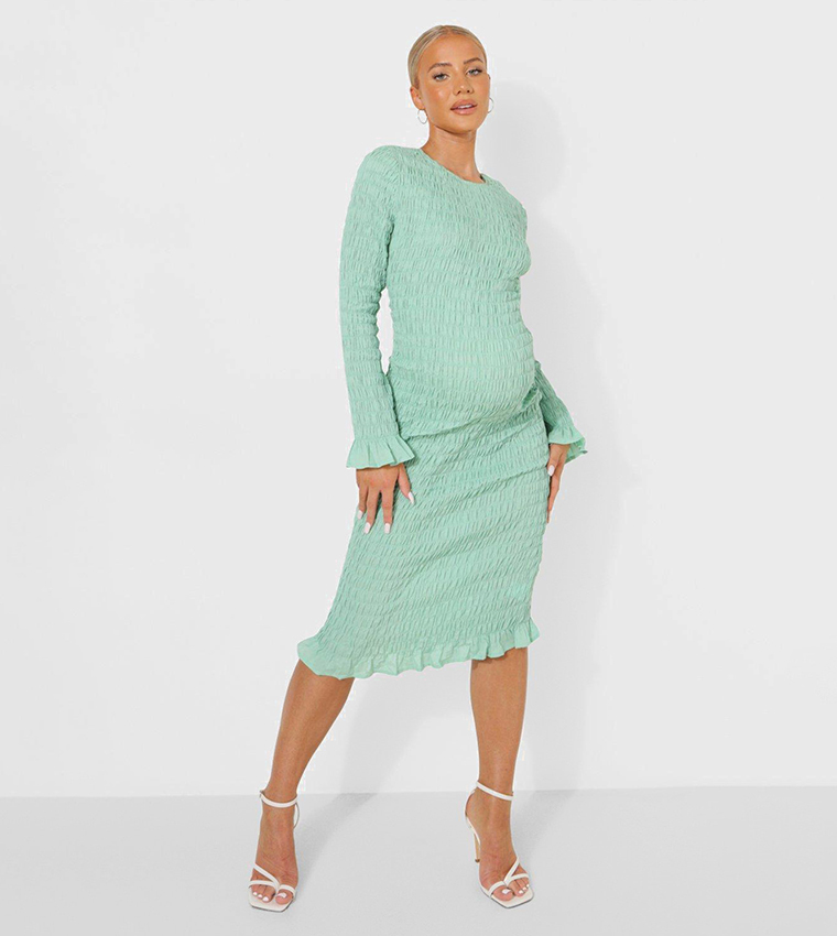 Buy Boohoo Maternity Shirred Long Sleeves Midi Dress In Green | 6thstreet  Qatar