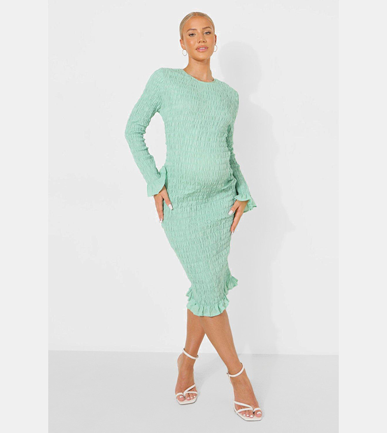green emerald velvet dress Hunter Green Front Tie Ruffle Sleeve Maternity Midi Dress Small