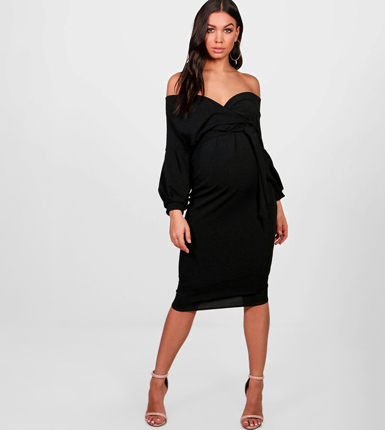 Buy Boohoo Maternity Off The Shoulder Wrap Midi Dress In Black 6thStreet Oman