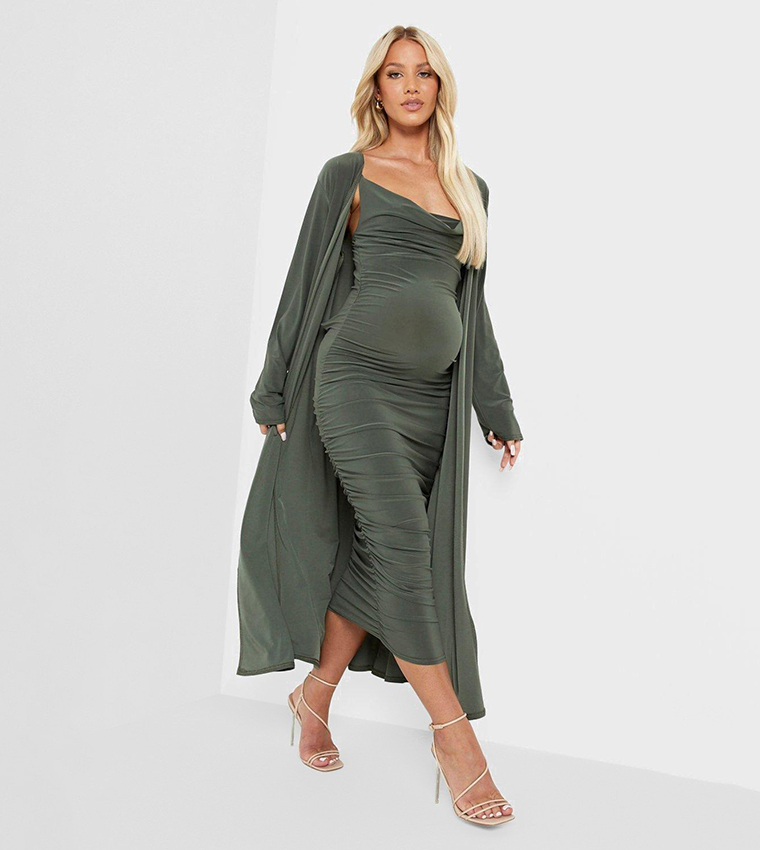 Buy Boohoo Maternity Strappy Cowl Neck Dress And Duster Coat In Khaki 6thStreet Bahrain