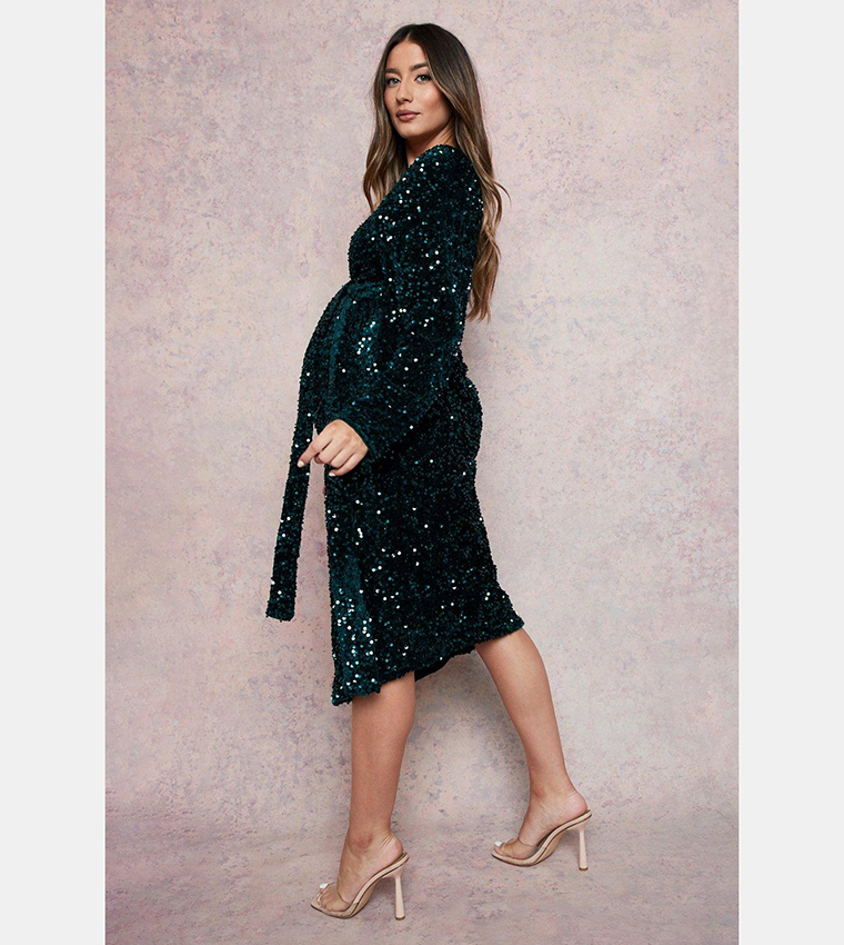 Maternity Plunge Velvet Sequin Midi Dress