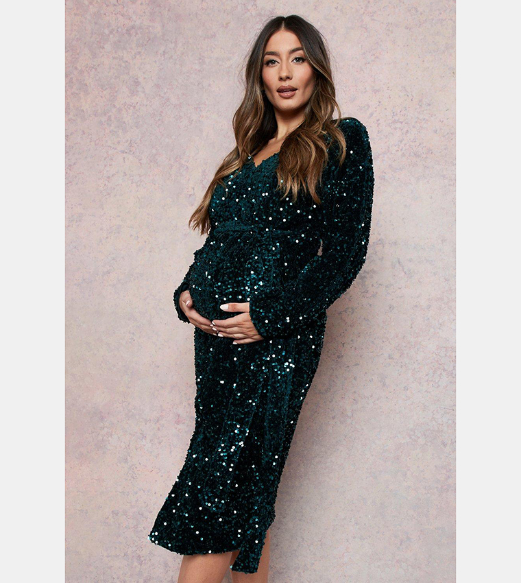 Maternity Plunge Velvet Sequin Midi Dress