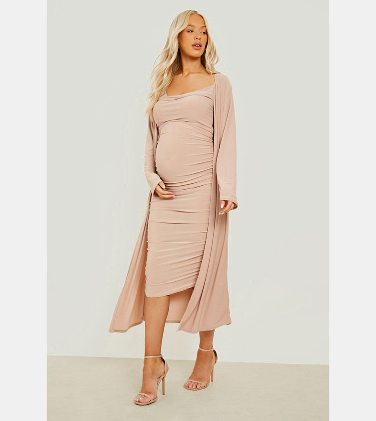 Maternity Strappy Cowl Neck Dress And Duster Coat