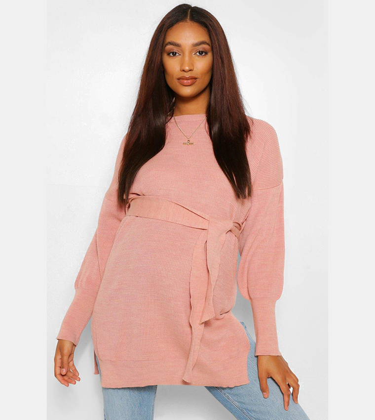 Buy Boohoo Maternity Side Split Knitted Tie Waist Sweater In Pink