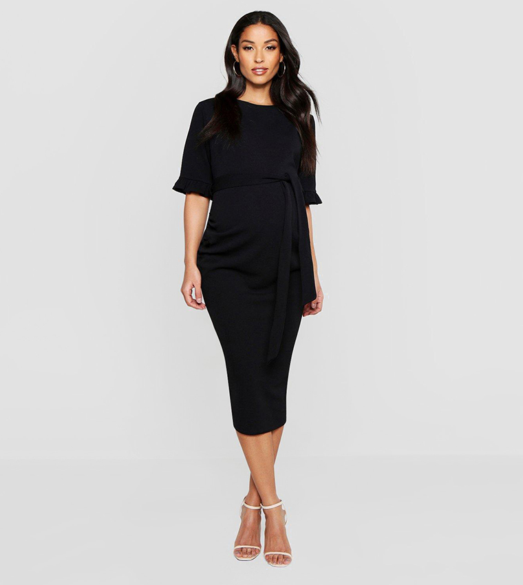 Buy Boohoo Maternity Ruffle Midi Bodycon Dress In Black