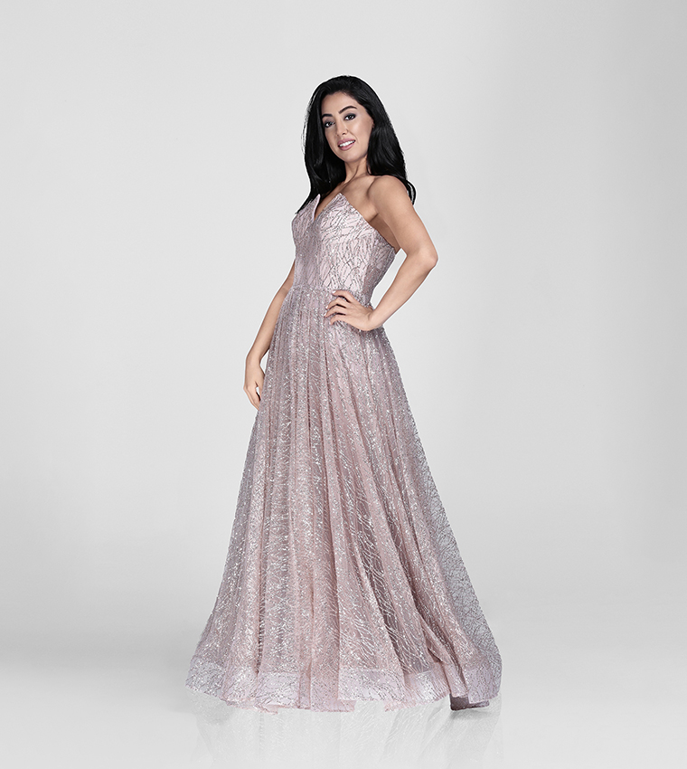 Glittered Strapless Flared Gown
