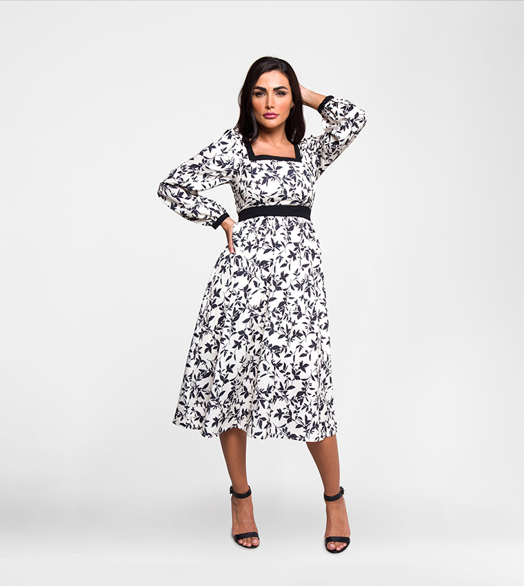 Printed Square Neck Midi Dress 