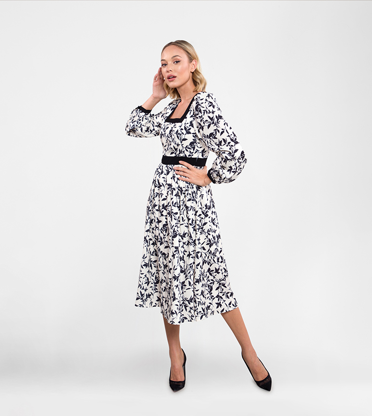 Printed Square Neck Midi Dress 
