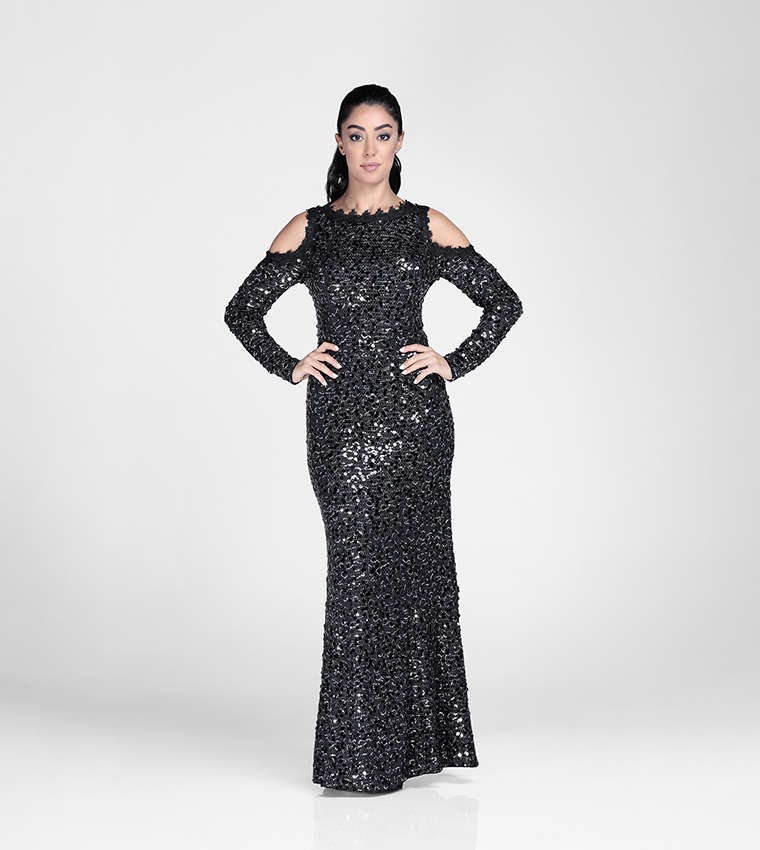 Sequined Cold Shoulder Evening Gown