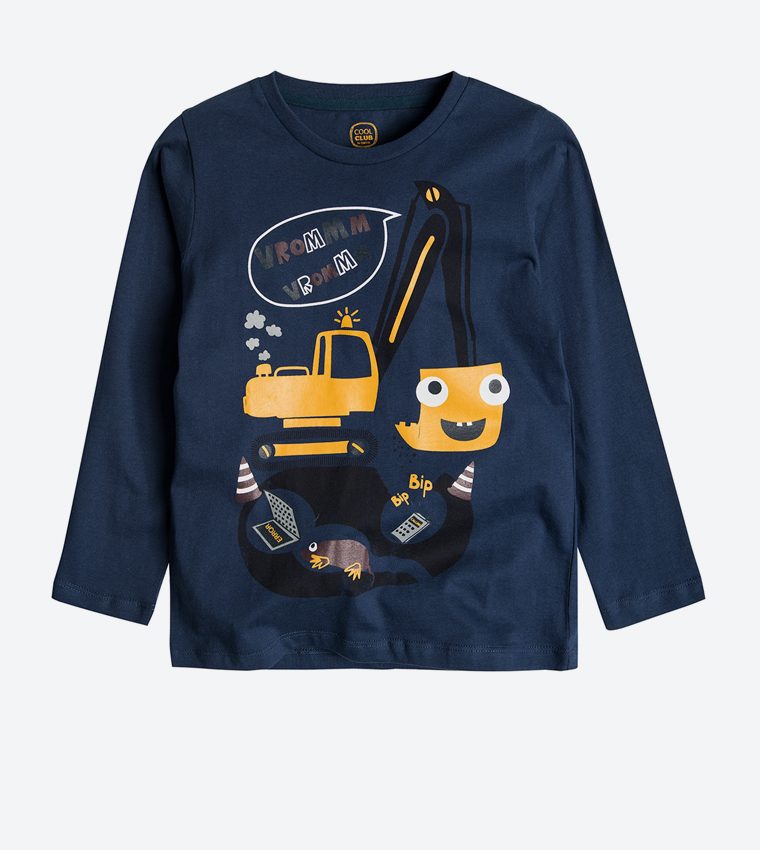 Excavator Printed Round Neck T-Shirt - Navy