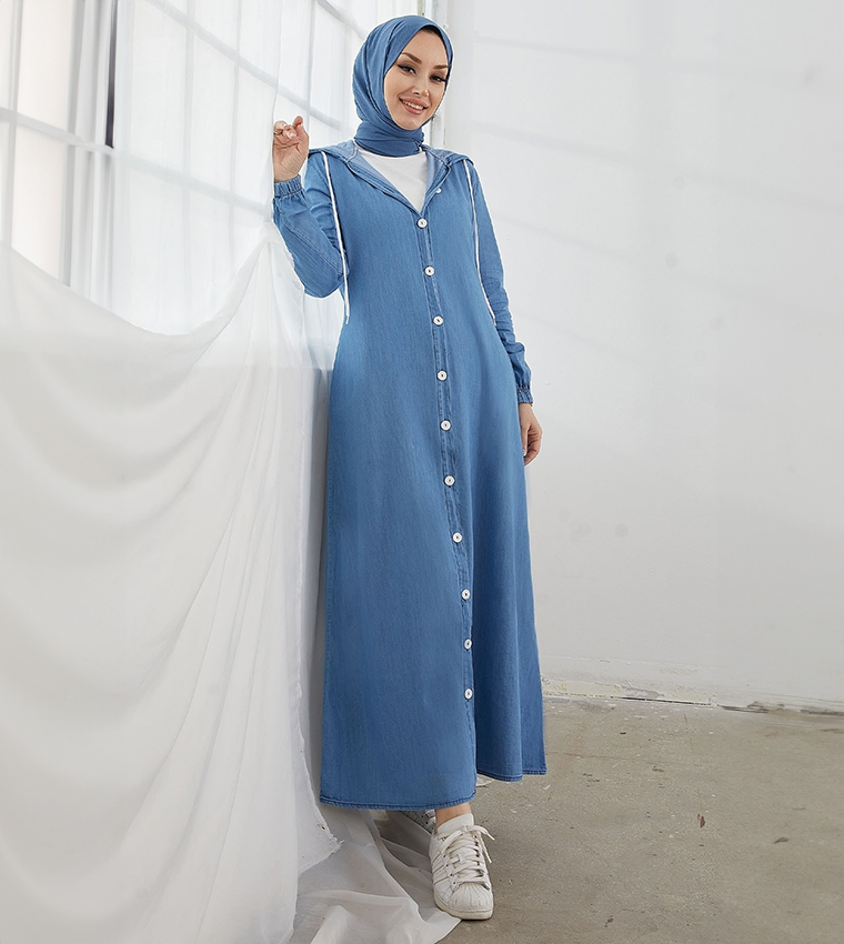 Buy INSTYLE Button Front Long Sleeves Denim Abaya In Blue 6thStreet Bahrain