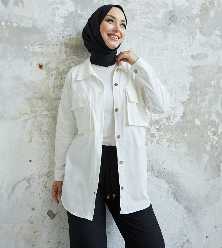 Buy INSTYLE Solid Long Sleeves Shacket In White | 6thStreet UAE