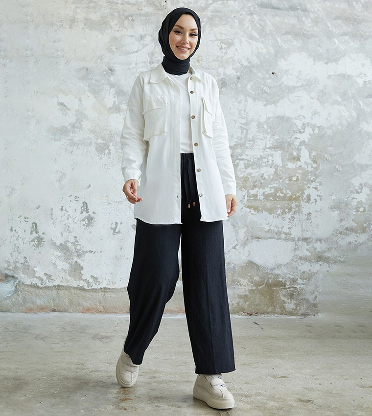 Buy INSTYLE Solid Long Sleeves Shacket In White | 6thStreet UAE