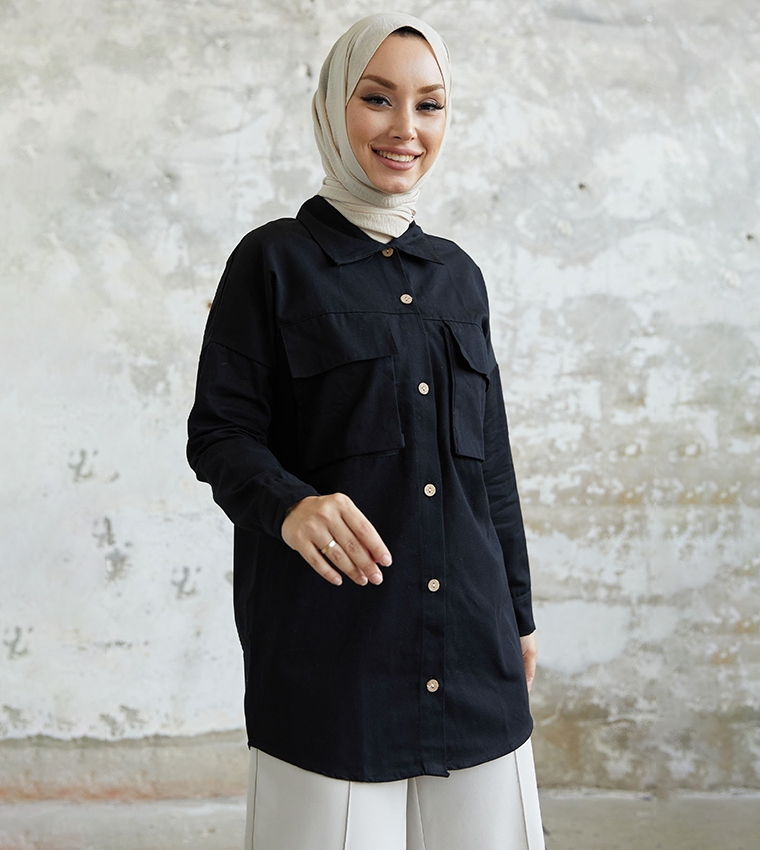 Buy INSTYLE Solid Long Sleeves Shacket In Black | 6thStreet UAE