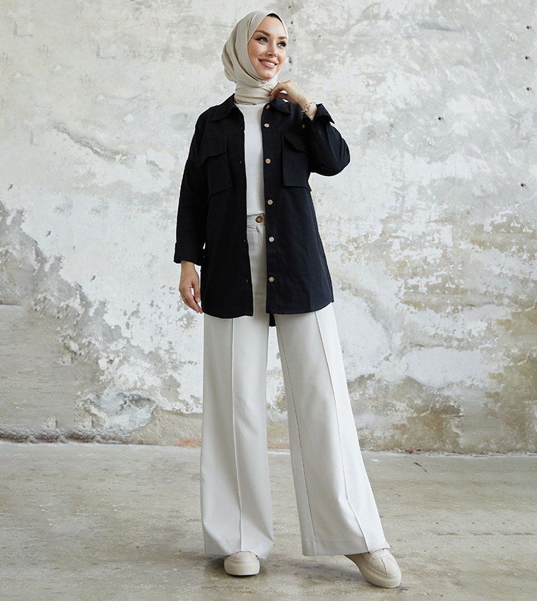 Buy INSTYLE Solid Long Sleeves Shacket In Black | 6thStreet UAE
