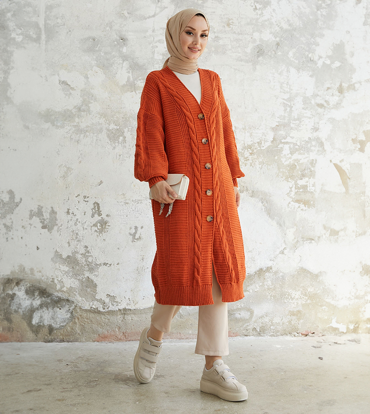 Buy INSTYLE Knitted Bishop Sleeves Long Cardigan In Orange 6thStreet Qatar