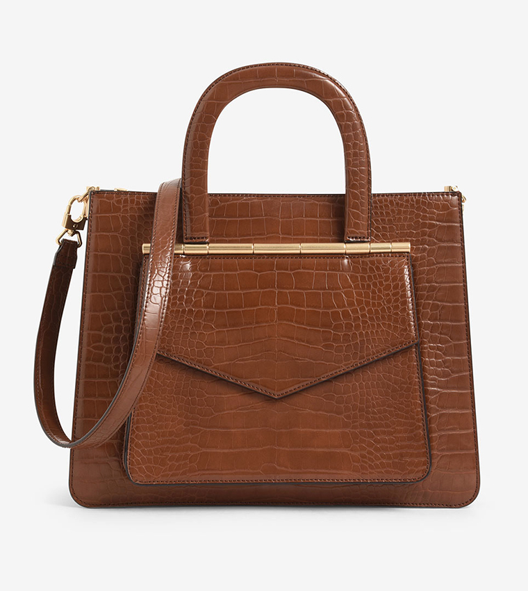 Croc-Effect Structured Tote Bag - Dark Brown