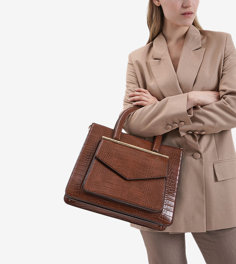 Croc-Effect Structured Tote Bag - Dark Brown