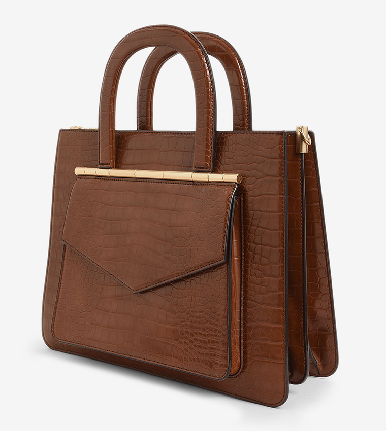 Croc-Effect Structured Tote Bag - Dark Brown