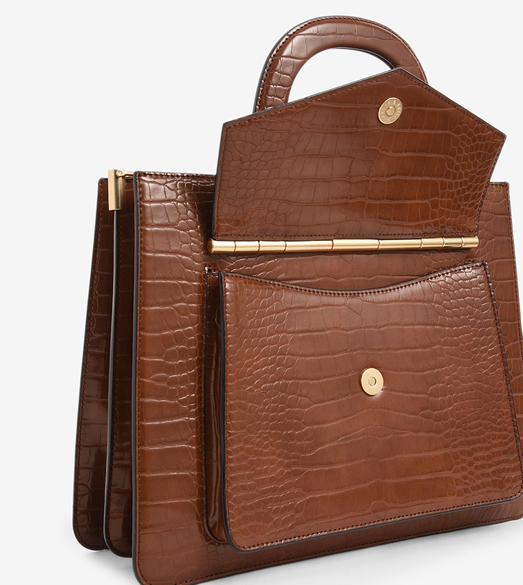 Croc-Effect Structured Tote Bag - Dark Brown