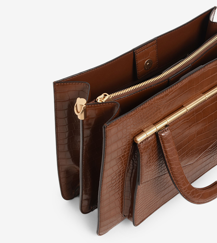 Croc-Effect Structured Tote Bag - Dark Brown