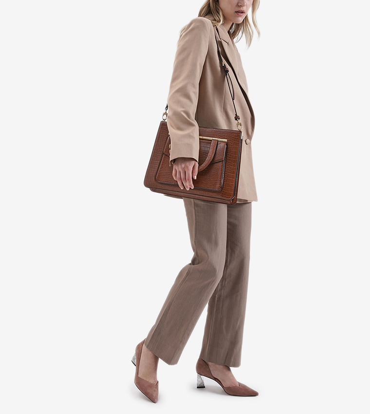 Croc-Effect Structured Tote Bag - Dark Brown