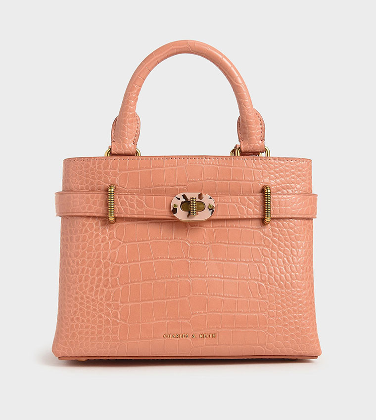 Buy Charles Keith Croc Effect Turn Lock Tote Bag Pink In Pink 6thStreet Oman