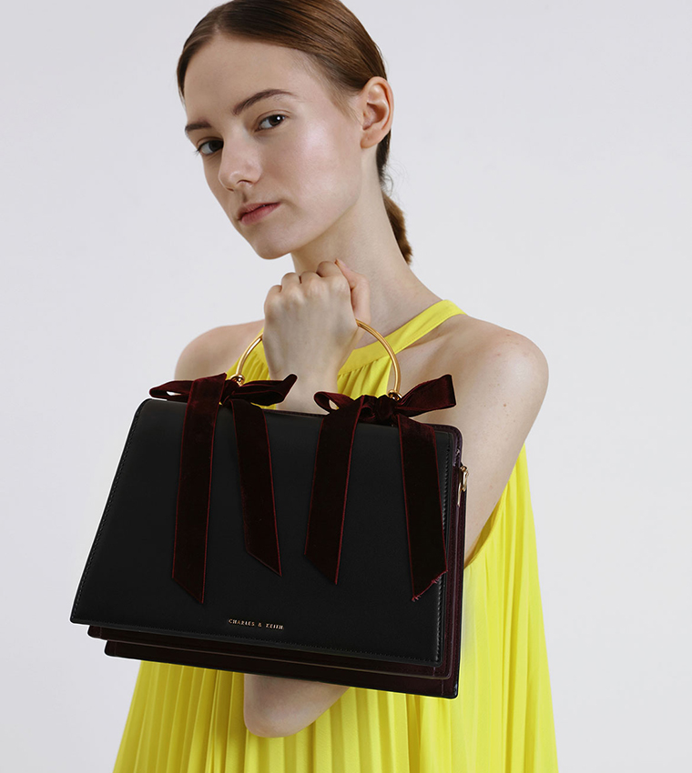 Velvet bow detail discount top handle bag