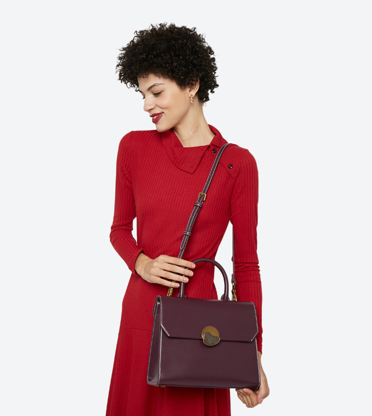 Stone Detail Push Lock Top Handle Bag - Purple