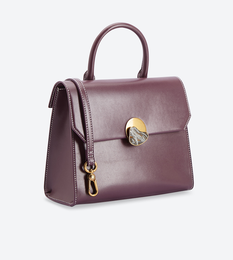 Stone Detail Push Lock Top Handle Bag - Purple