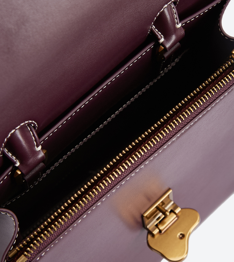 Stone Detail Push Lock Top Handle Bag - Purple