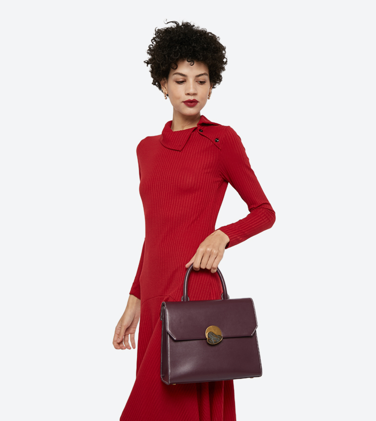 Stone Detail Push Lock Top Handle Bag - Purple