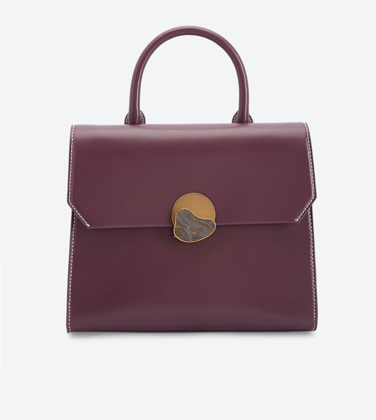 Stone Detail Push Lock Top Handle Bag - Purple