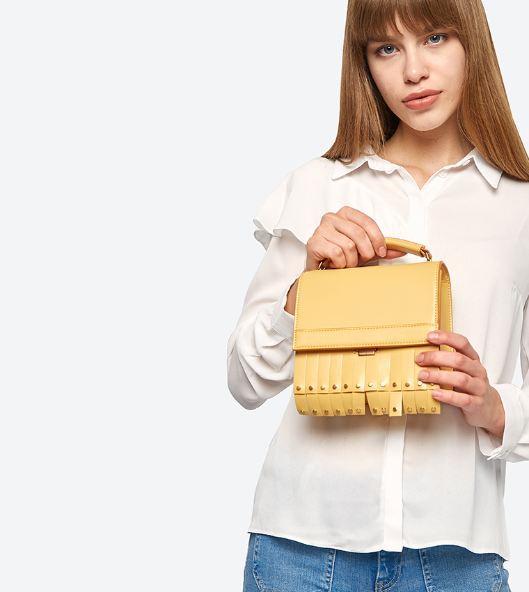 Fringe Detail Top Handle Cross Body Bag - Yellow
