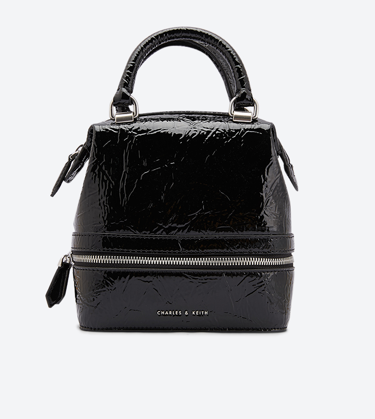 Buy Charles Keith Wrinkled Patent Two Way Zip Boxy Bag Black In