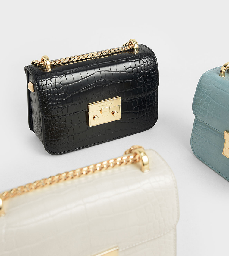 Croc-Effect Chain Strap Crossbody Bag - Black