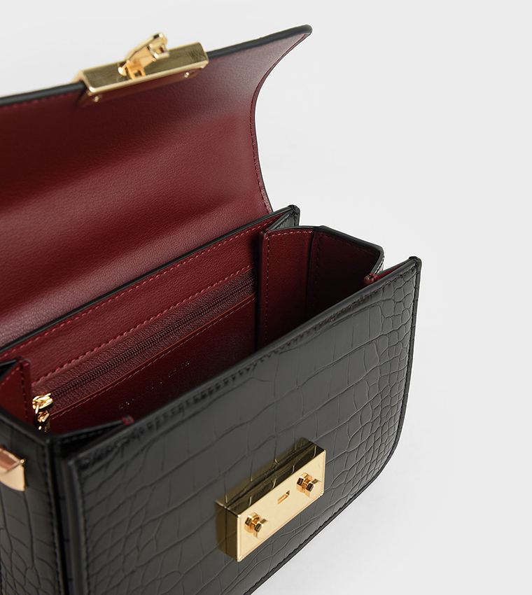 Croc-Effect Chain Strap Crossbody Bag - Black