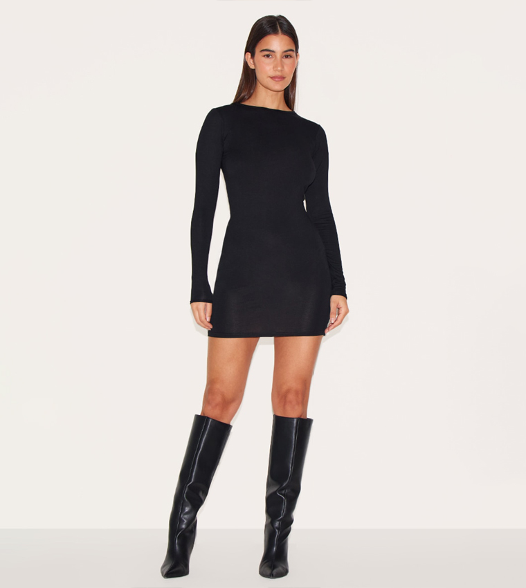 Solid Jersey Long Sleeves Bodycon Dress