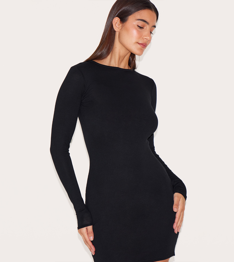 Solid Jersey Long Sleeves Bodycon Dress