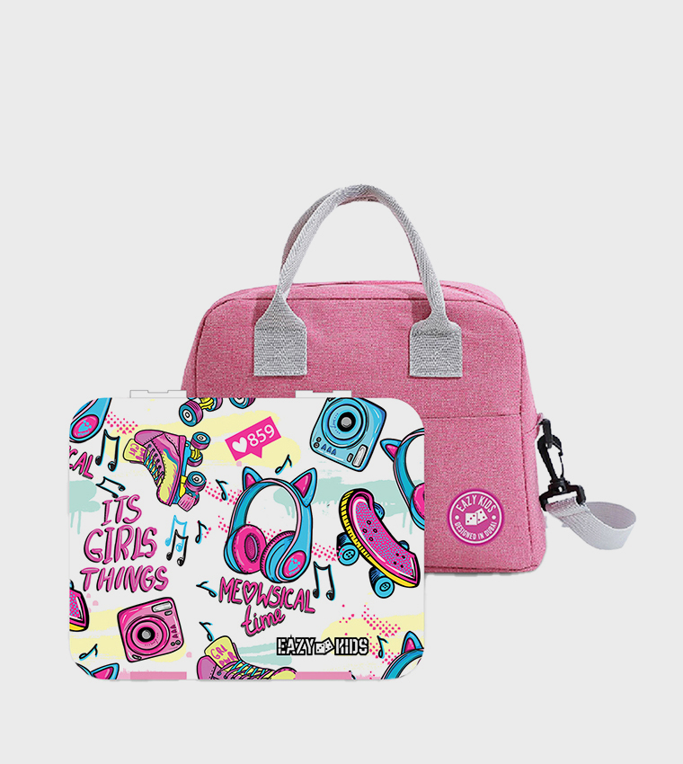 Its Girls Things Printed Bento Box with Insulated Lunch Bag and Cutter Set